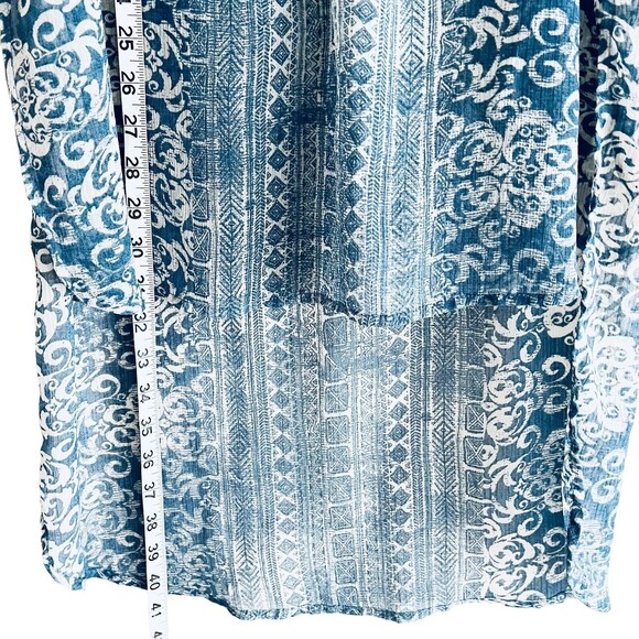 Knox Rose Boho Sheer Tunic Top Size M Popover Long Line High Low Hem Blue Cream - Picture 9 of 13